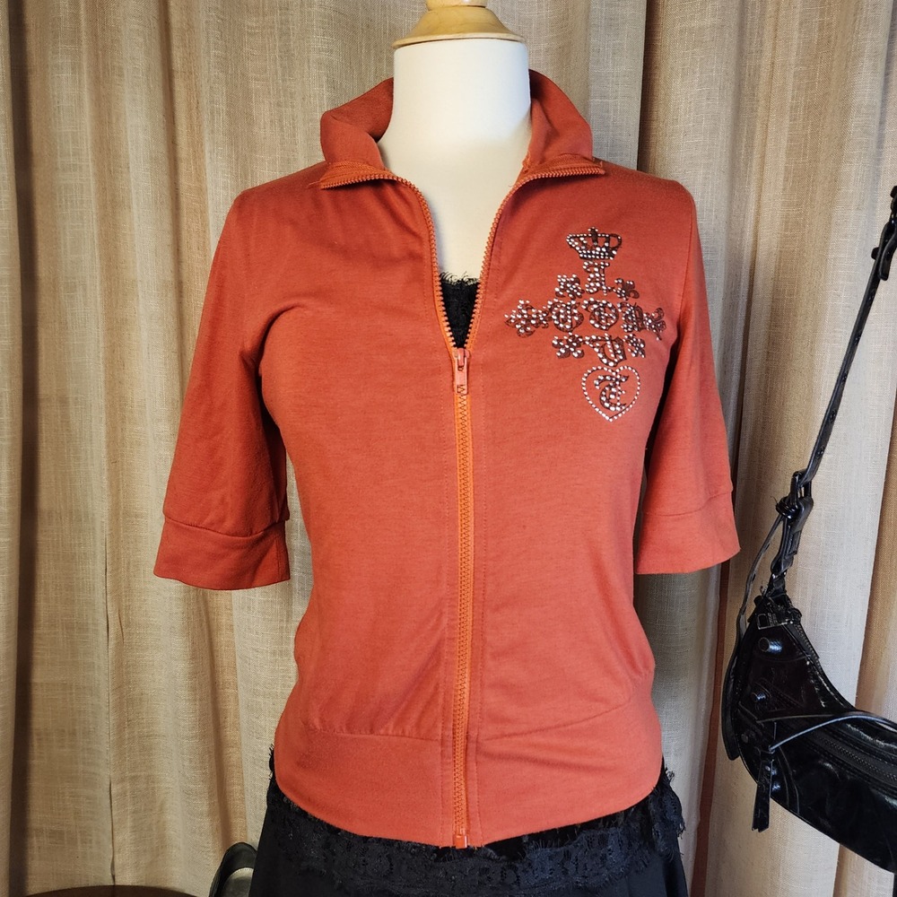 Lia Lee Y2K Rhinestone Graphic Short Sleeve Zip Up Jacket Orange Small